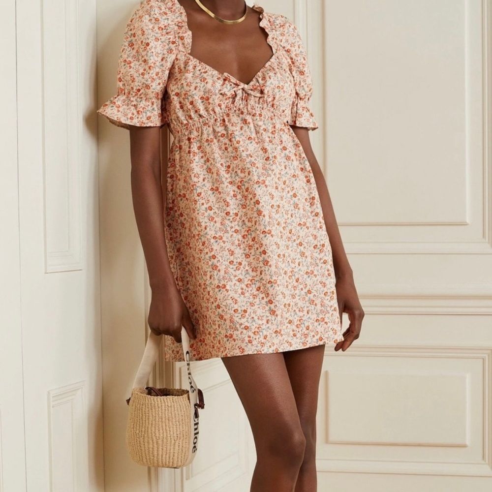Reformation Channa Floral Puff Sleeve Mini Dress in Fairy Beige